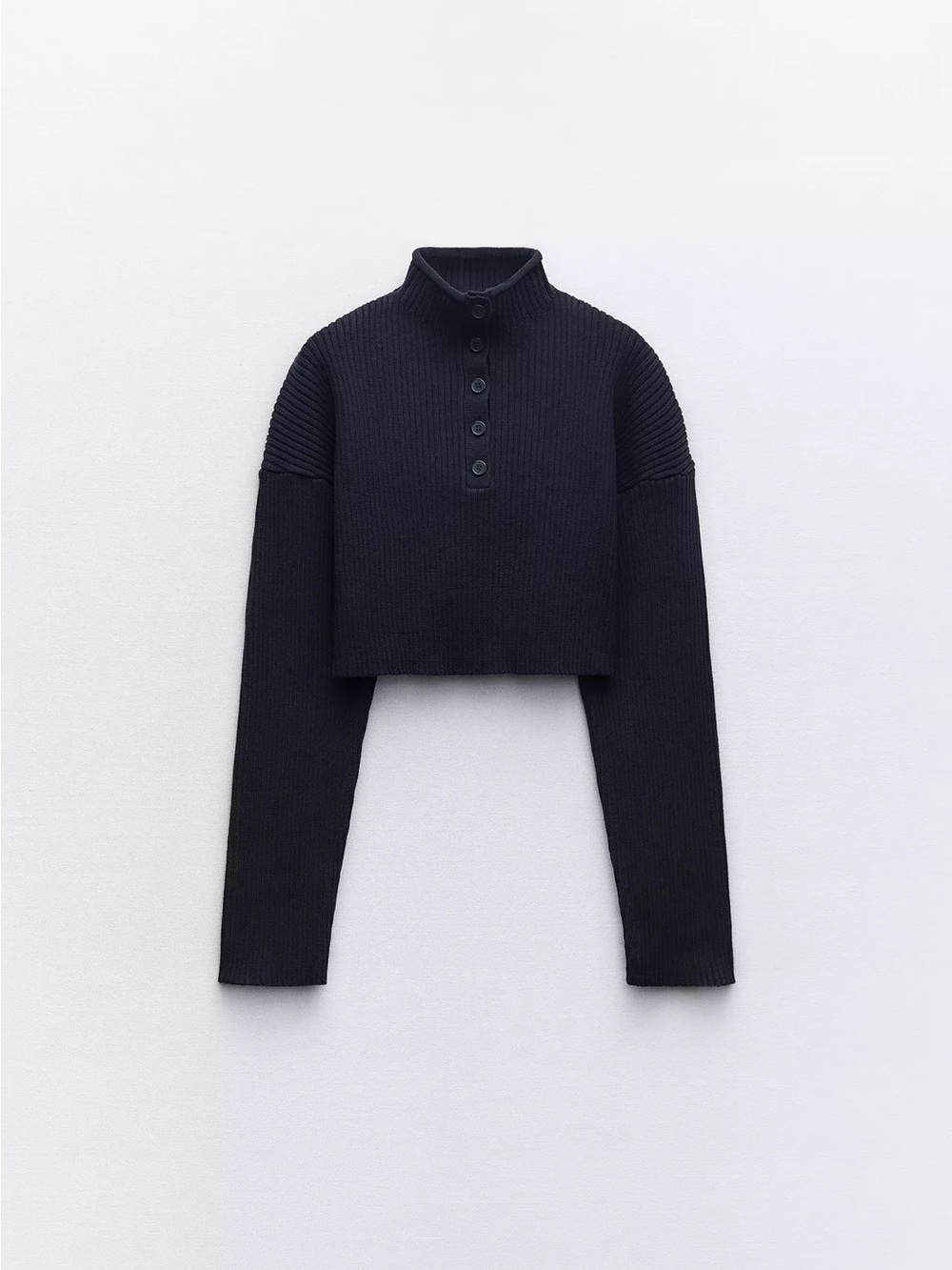 Zara Black Cropped Ribbed Button-Up Mockneck Top